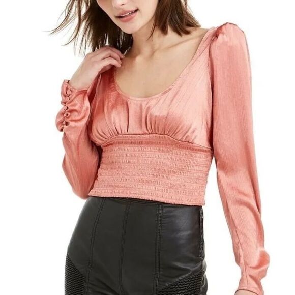 Free People Santiago NWT Pink Cinnamon Puff Shoulder Crop Top Sz XS - Picture 1 of 12